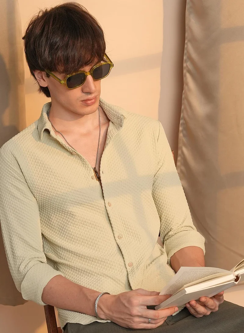 CAHOOT Beige Men's Butter Yellow Micro Cubic-Textured Shirt for Men | Best Price UAE