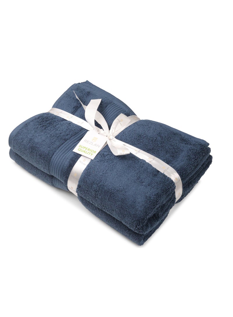 REZLAN UAE طقم مناشف استحمام فاخرة من REZLAN - 600 GSM قطن فاخر (100×155 سم/40×61 بوصة) - مناشف شاطئ واستحمام - أزرق فولاذي - Image 2