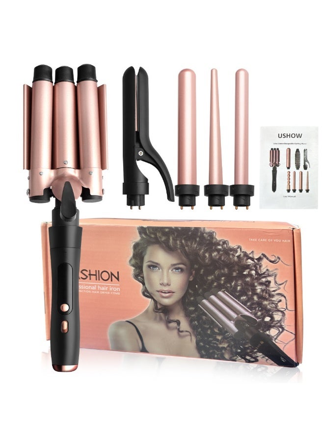 USHOW 5-in-1 Curling Iron with Interchangeable Barrels, Wave Iron Included, Champagne Gold - Image 1