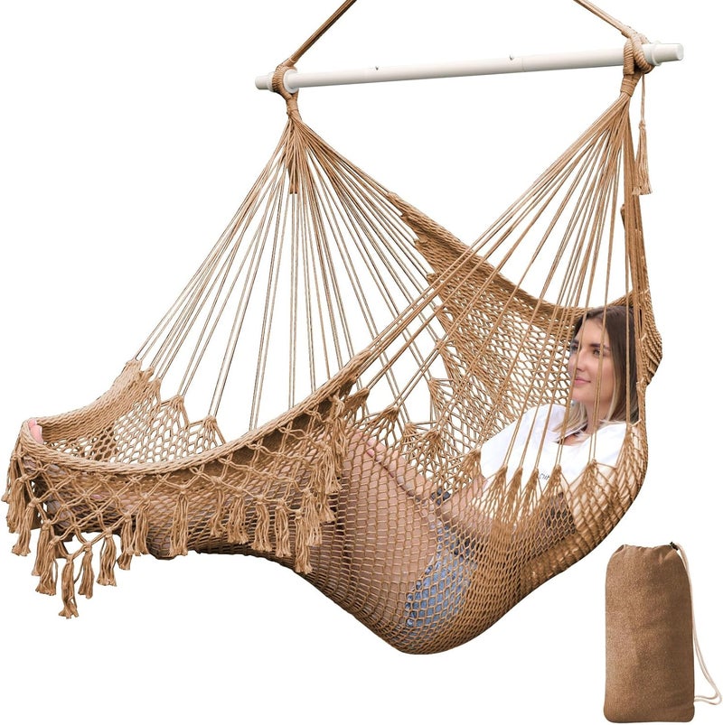 Chihee Hammock Chair Super Large Soft-Spun Cotton Rope Weaving Hanging Chair, Collapsible Strong Metal Spreader Bar Wide Seat Lace Stretch Swing Chairs Indoor Outdoor Garden Yard Theme Decoration - Image 1