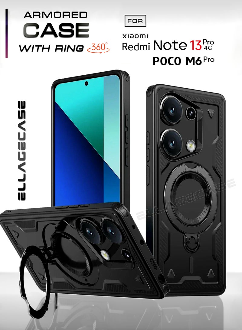 ELLAGECASE حافظة واقية مع حلقة لهاتف Xiaomi Redmi Note 13 Pro 4G / Poco M6 Pro 4G، حماية قوية من السقوط، إمكانية الوقوف أفقيًا ورأسيًا، حماية كاميرا متينة، دعم متوازن، وتوافق مثالي مع الملحقات المغناطيسية - Image 1