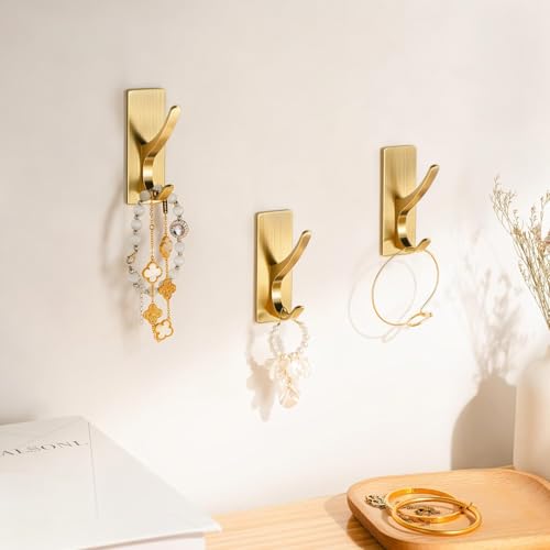 pickpiff Self Adhesive Coat Hooks for Hanging, Heavy Duty Stainless Double Wall Hook for Towel, Backpack, Hat, Sturdy Metal Hanger for Bathroom, Bedroom, Door, Wall Mounted, 4-Pack, Brushed Gold - Image 5