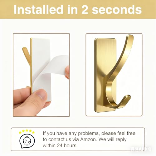 pickpiff Self Adhesive Coat Hooks for Hanging, Heavy Duty Stainless Double Wall Hook for Towel, Backpack, Hat, Sturdy Metal Hanger for Bathroom, Bedroom, Door, Wall Mounted, 4-Pack, Brushed Gold - Image 4