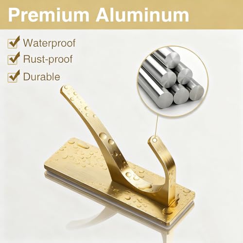 pickpiff Self Adhesive Coat Hooks for Hanging, Heavy Duty Stainless Double Wall Hook for Towel, Backpack, Hat, Sturdy Metal Hanger for Bathroom, Bedroom, Door, Wall Mounted, 4-Pack, Brushed Gold - Image 2
