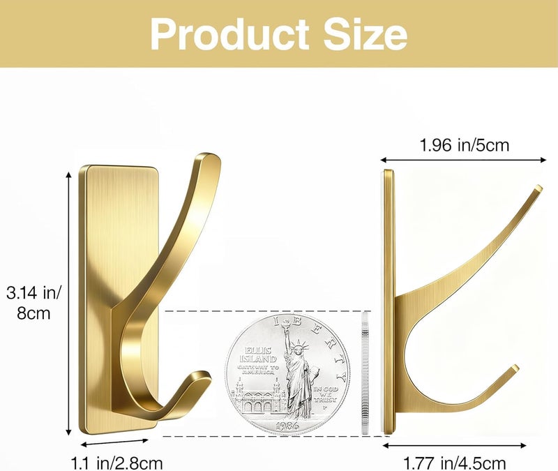 pickpiff Self Adhesive Coat Hooks for Hanging, Heavy Duty Stainless Double Wall Hook for Towel, Backpack, Hat, Sturdy Metal Hanger for Bathroom, Bedroom, Door, Wall Mounted, 4-Pack, Brushed Gold - Image 3