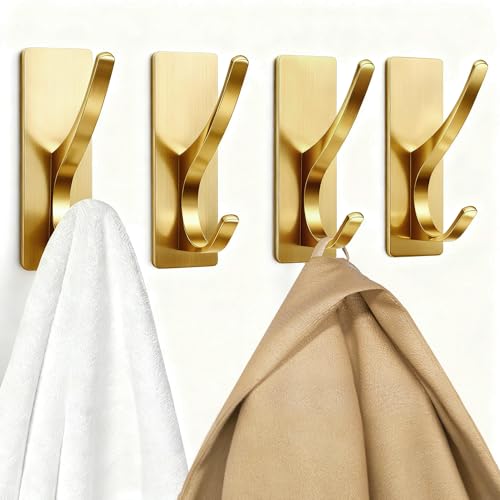pickpiff Self Adhesive Coat Hooks for Hanging, Heavy Duty Stainless Double Wall Hook for Towel, Backpack, Hat, Sturdy Metal Hanger for Bathroom, Bedroom, Door, Wall Mounted, 4-Pack, Brushed Gold - Image 1