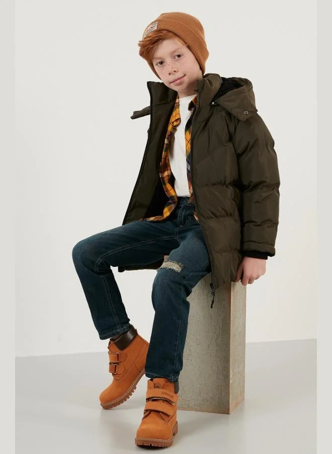 ليلا معطف شتوي مبطن بالقطيفة للأولاد بغطاء رأس قابل للإزالة وجيوب