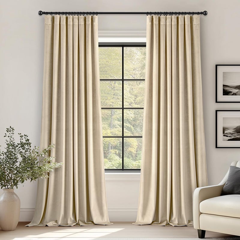 ANRODUO Beige Velvet Curtains 96 Inches Long Blackout Thermal Insulated Soundproof Curtain Privacy Room Darkening Curtains Pinch Pleat Window Drapes for Bedroom Living Room 42 x 96 Inch Set of 2 - Image 1