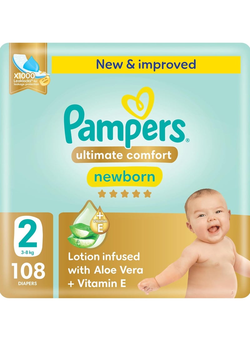 Pampers Ultimate Comfort Taped Diapers, Size 2, 3-8kg, Lotion infused with Aloe Vera and Vitamin E, x1000 Leak Locks Technology for Leakage Protection, Giant Pack, 108 Count