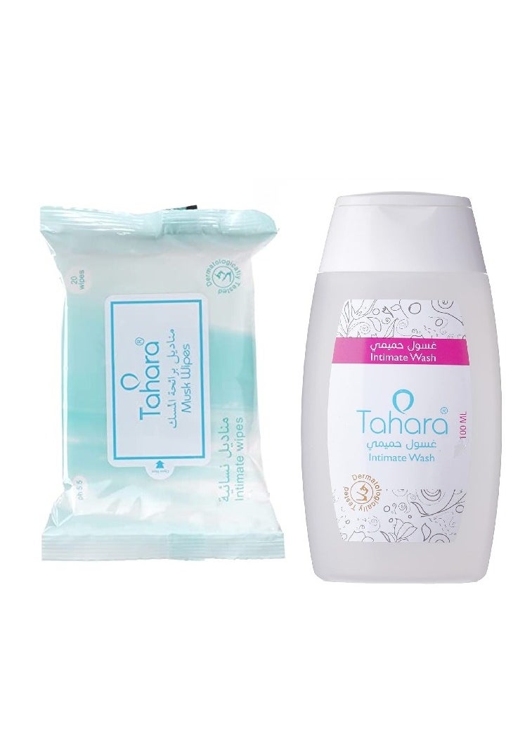 TAHARA - Intimate Wash Hygiene Cleanser For Daily Care, pH-balanced, Gentle, Hypoallergenic, 100ml And Feminine Wet Wipes With Natural Musk Scent For Sensitive Intimate Areas, 20 Count - Image 1