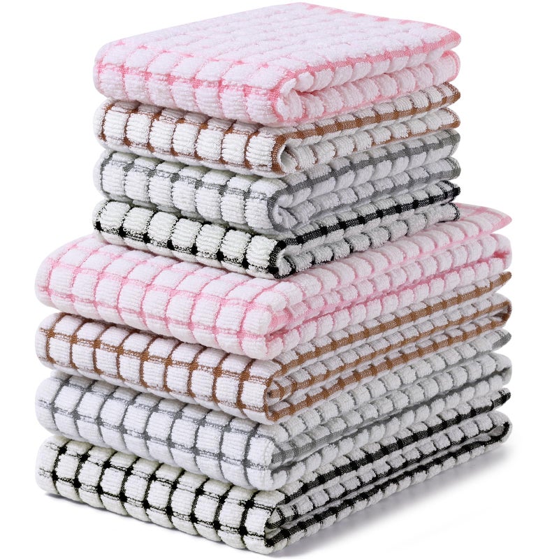 Homaxy Kitchen Towels and Dishcloths Set, 16 x 25 and 12 x 12 Inches, Set of 8 Cotton Terry Kitchen Dish Towels, Super Soft and Absorbent Dish Cloths, Black/Grey/Pink/Brown - Image 1
