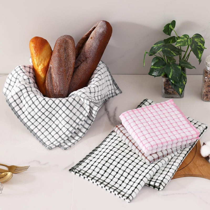Homaxy Kitchen Towels and Dishcloths Set, 16 x 25 and 12 x 12 Inches, Set of 8 Cotton Terry Kitchen Dish Towels, Super Soft and Absorbent Dish Cloths, Black/Grey/Pink/Brown - Image 2