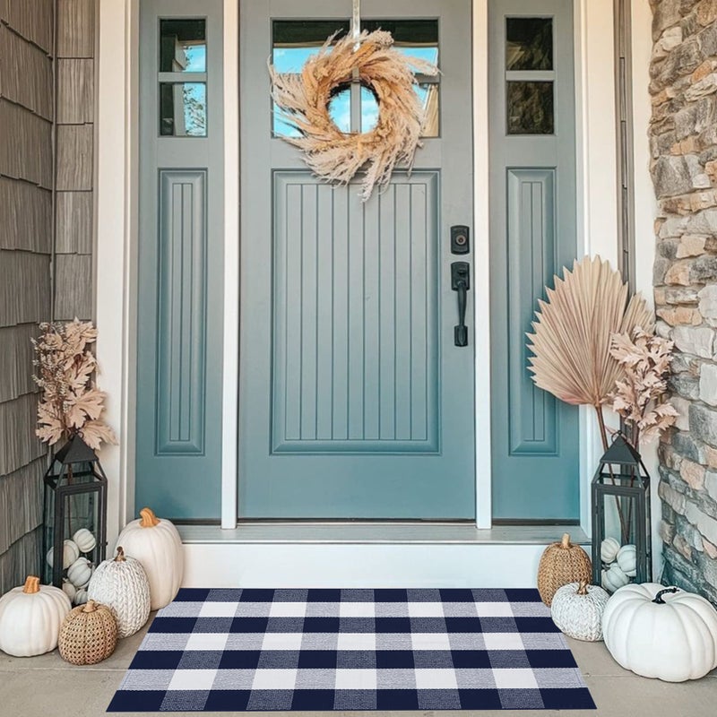 MUBIN Cotton Buffalo Plaid Rug, 27.5x43 Navy Blue White Outdoor Rug Front Door Decorative Mat, Washable Doormat Foldable Area Rug Layered Door Mats Rug for Front Porch, Entryway, Patio - Image 1