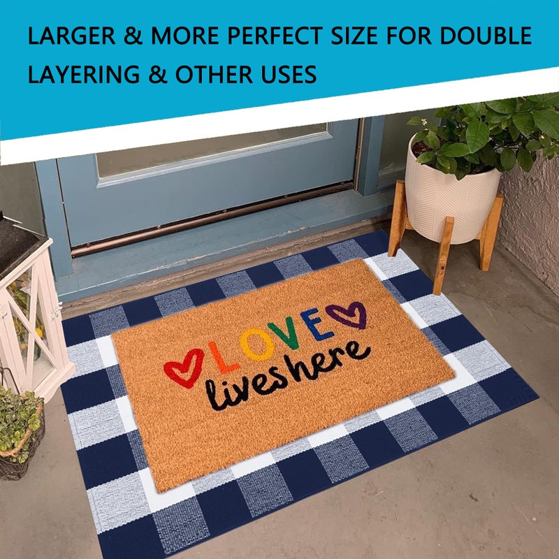 MUBIN Cotton Buffalo Plaid Rug, 27.5x43 Navy Blue White Outdoor Rug Front Door Decorative Mat, Washable Doormat Foldable Area Rug Layered Door Mats Rug for Front Porch, Entryway, Patio - Image 2