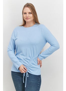 INC Women Round Neck Long Sleeve Metallic Top, Light Blue  - Image 1