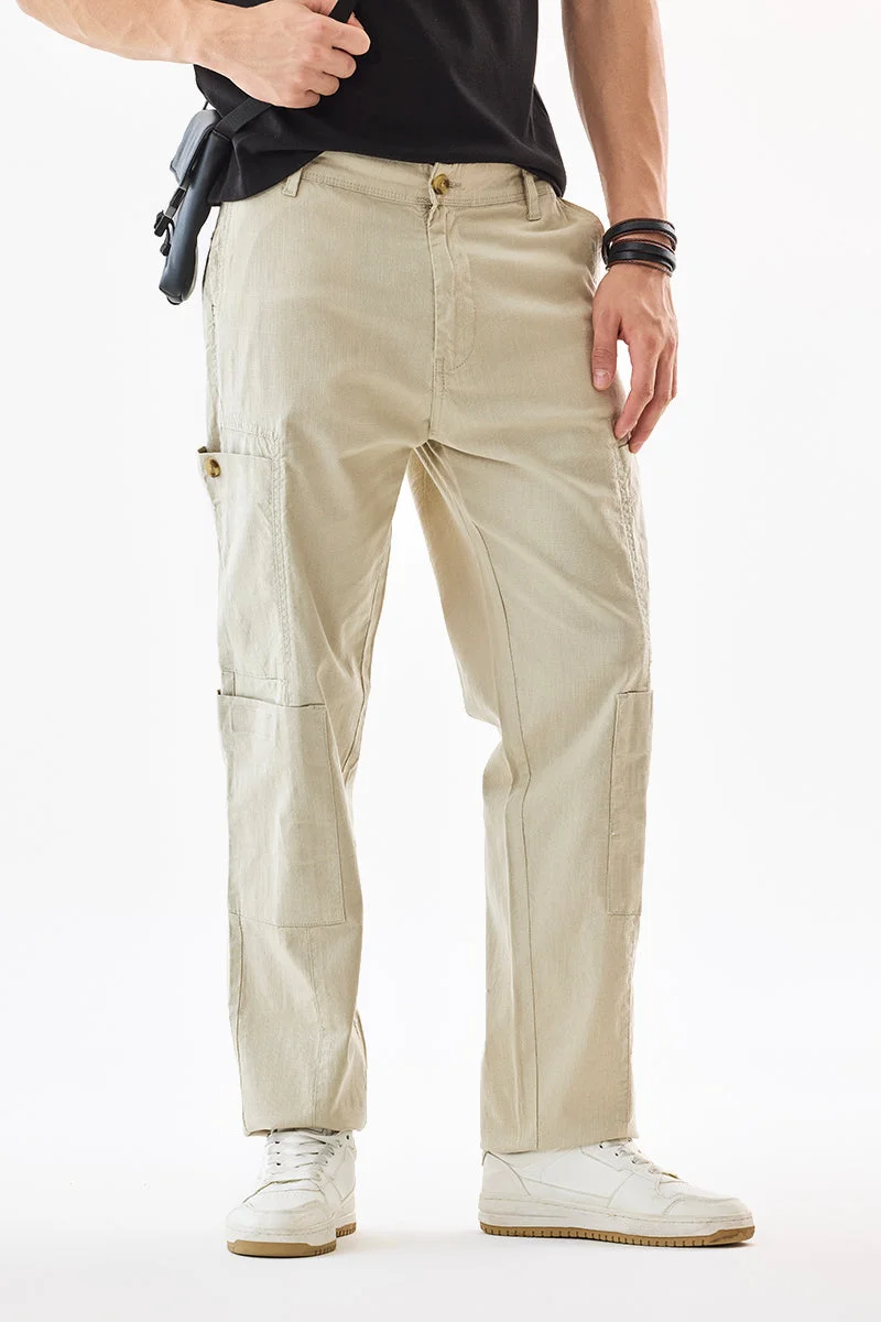 SNITCH Beige Solid Loose Fit Streetwear Cargo
