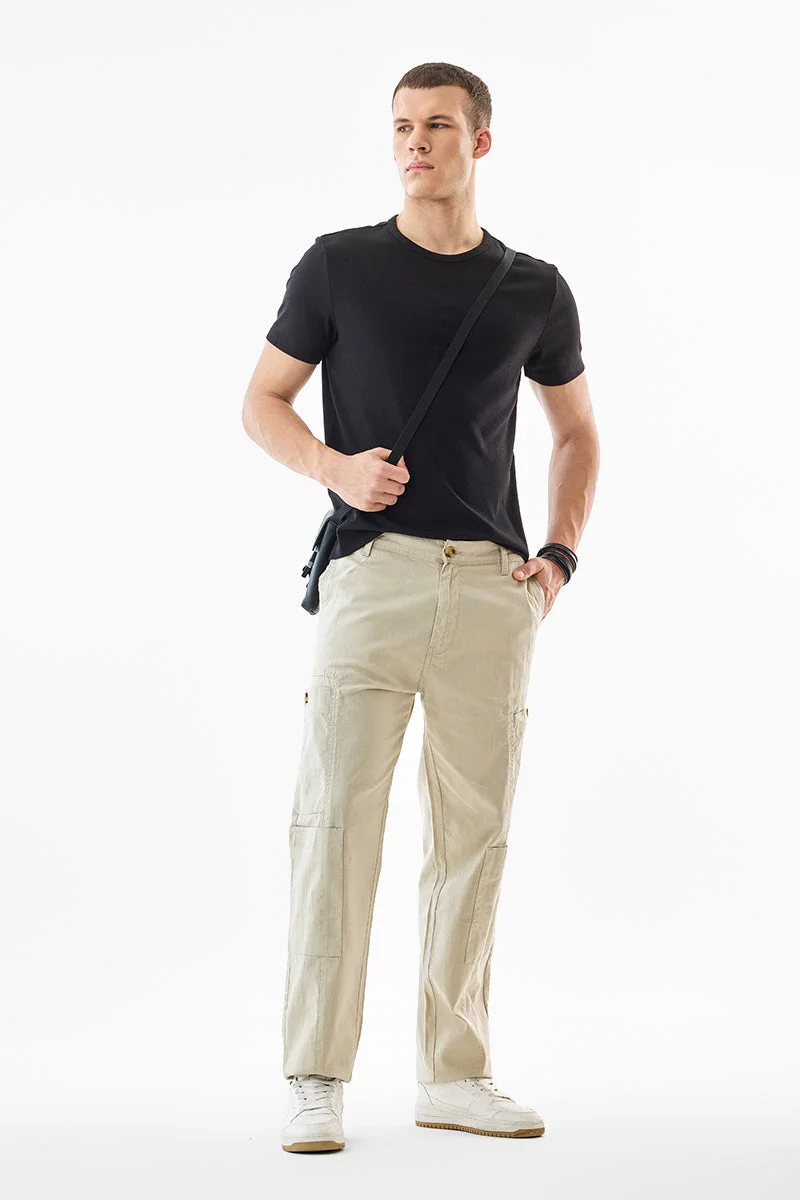 SNITCH Beige Solid Loose Fit Streetwear Cargo