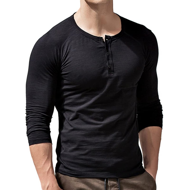 Mens Regularfit Henley TShirt LongSleeve with 3 Buttons Placket Slub Vintage Cotton Black 2XL
