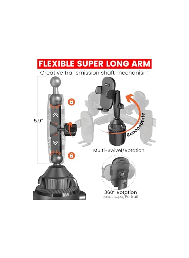 Green Tiger Sturdy Cup Phone Holder Mount for Car, Adjustable Height & Reach, Flexible Long Arm with Multi-Ball Pivot, One-Hand Operation, Compatible with iPhone Samsung Android Smartphones - Image 3