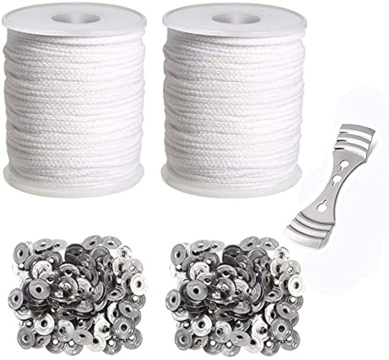 400 ft Cotton Candle Wick24 PLY Braided Cotton Candle Making Wicks Spool  200 Pieces Metal Sustainer Tabs  1 Piece Centering Device Holder Set for DIY Crafts