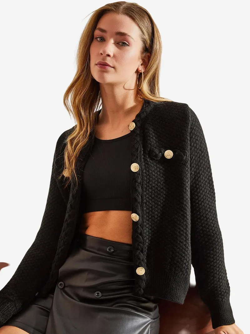 Bianco Lucci Black LUCCI Textured Knitwear Cardigan with Button Closure for Women | Best Price UAE