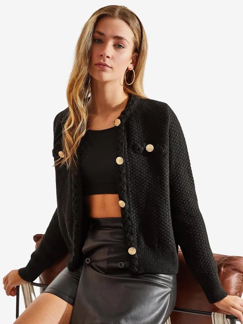 Bianco Lucci Black LUCCI Textured Knitwear Cardigan with Button Closure for Women | Best Price UAE