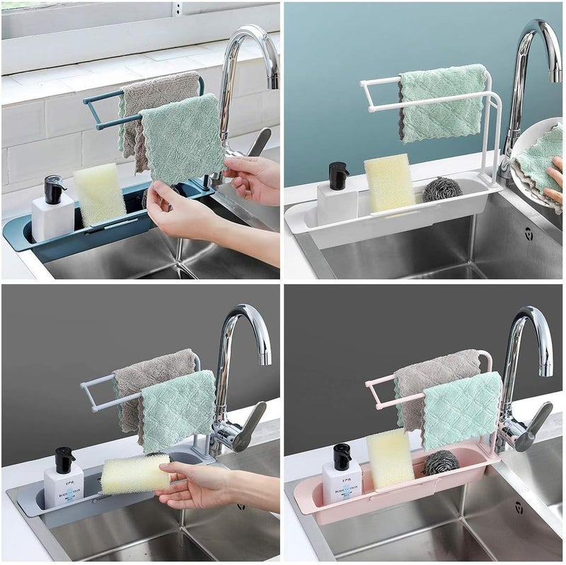 Orrda Telescopic Sink Holder | Plastic Expandable Storage Drain Basket Rack | Adjustable Faucet Rack Dish Brushes Sponge Soap Holder with Towel Dishcloth Shelf Hanger (Multicolor) - Image 3