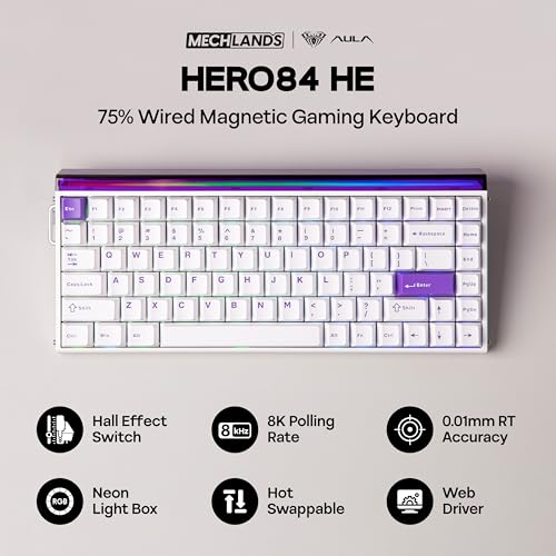 MechLands Aula Hero84 HE Wired Magnetic Gaming Keyboard, Rapid Hall Effect Keyboard with 0.01mm Adjustable Actuation, 8kHz Polling, 5-Layer Sound Dampening, RGB Lightbox & Backlit (White Purple) - Image 2