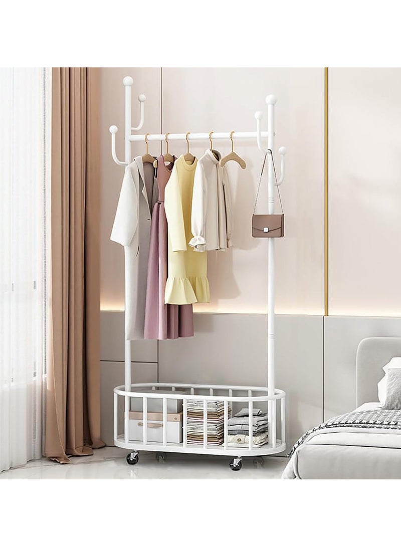 انسجام رف ملابس متدحرج معدني كبير قابل للتحرك مع خطافات وعجلات وسلة تخزين ورف معاطف متعدد الوظائف لتعليق الملابس والحقائب والقبعات - Image 1