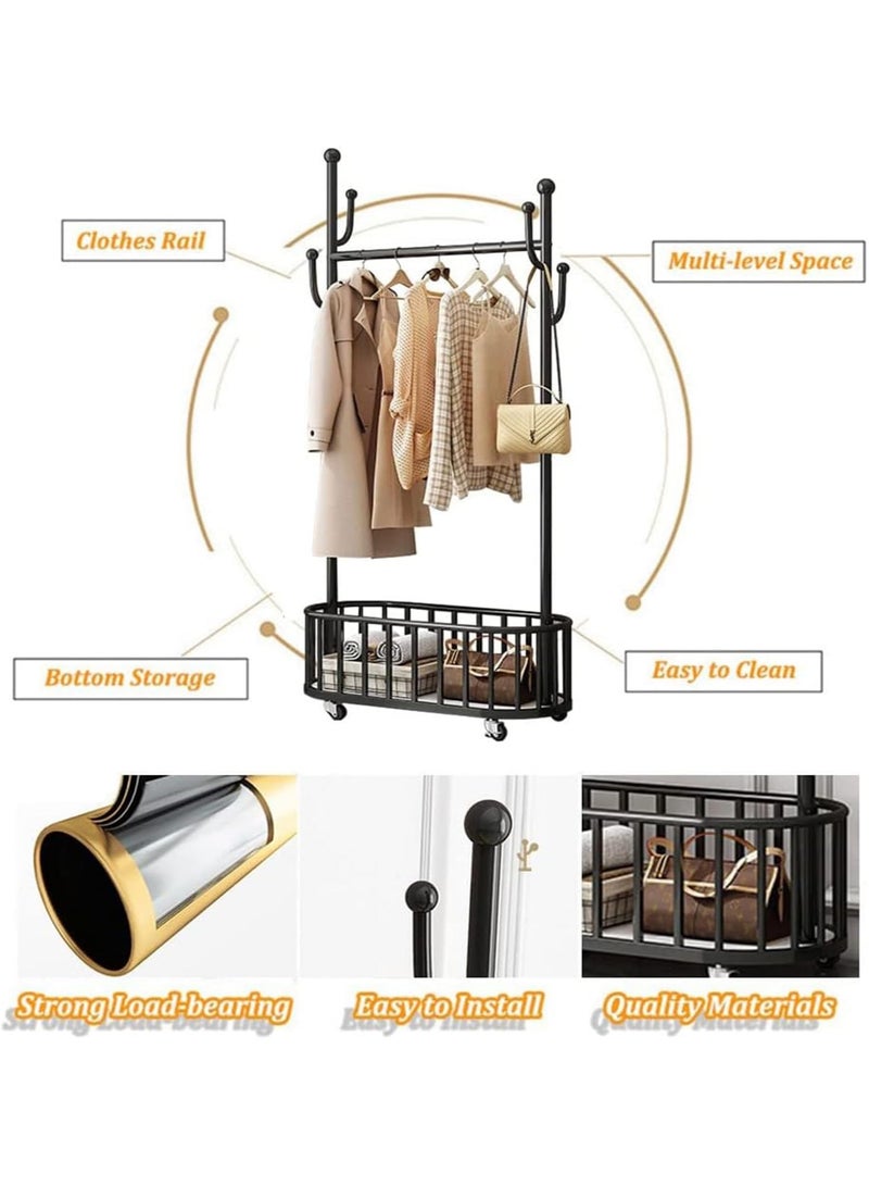 انسجام رف ملابس متدحرج معدني كبير قابل للتحرك مع خطافات وعجلات وسلة تخزين ورف معاطف متعدد الوظائف لتعليق الملابس والحقائب والقبعات - Image 3