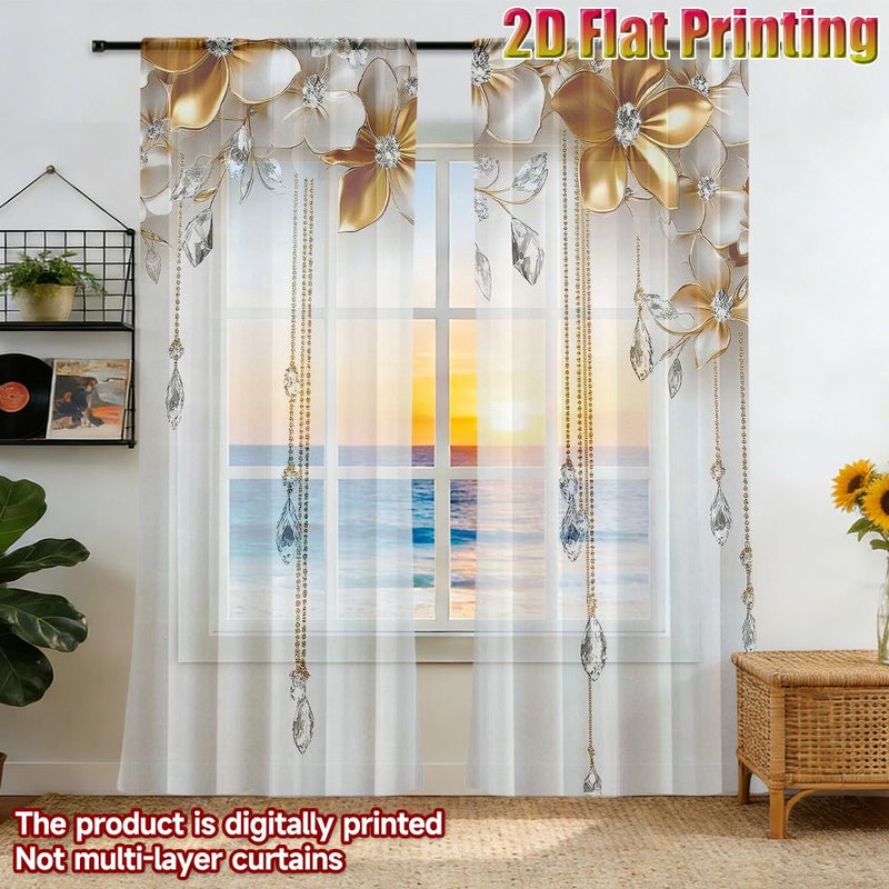 Set Of 2 Flat Printed Curtains With Vibrant Golden Floral Design And Hanging Crystal Embellishments 39 3 X 51 2 Inches Each Perfect For Bedroom Living Room Office And Home Décor Rod Pocket - Image 4