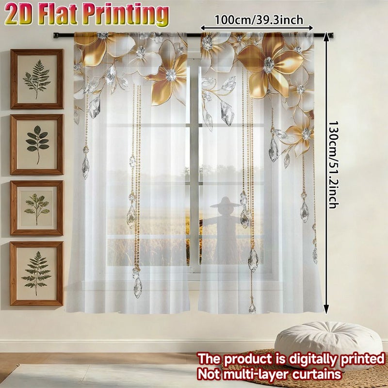 Set Of 2 Flat Printed Curtains With Vibrant Golden Floral Design And Hanging Crystal Embellishments 39 3 X 51 2 Inches Each Perfect For Bedroom Living Room Office And Home Décor Rod Pocket - Image 5