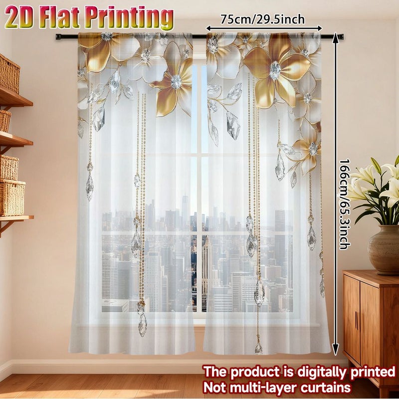 Set Of 2 Flat Printed Curtains With Vibrant Golden Floral Design And Hanging Crystal Embellishments 39 3 X 51 2 Inches Each Perfect For Bedroom Living Room Office And Home Décor Rod Pocket - Image 3