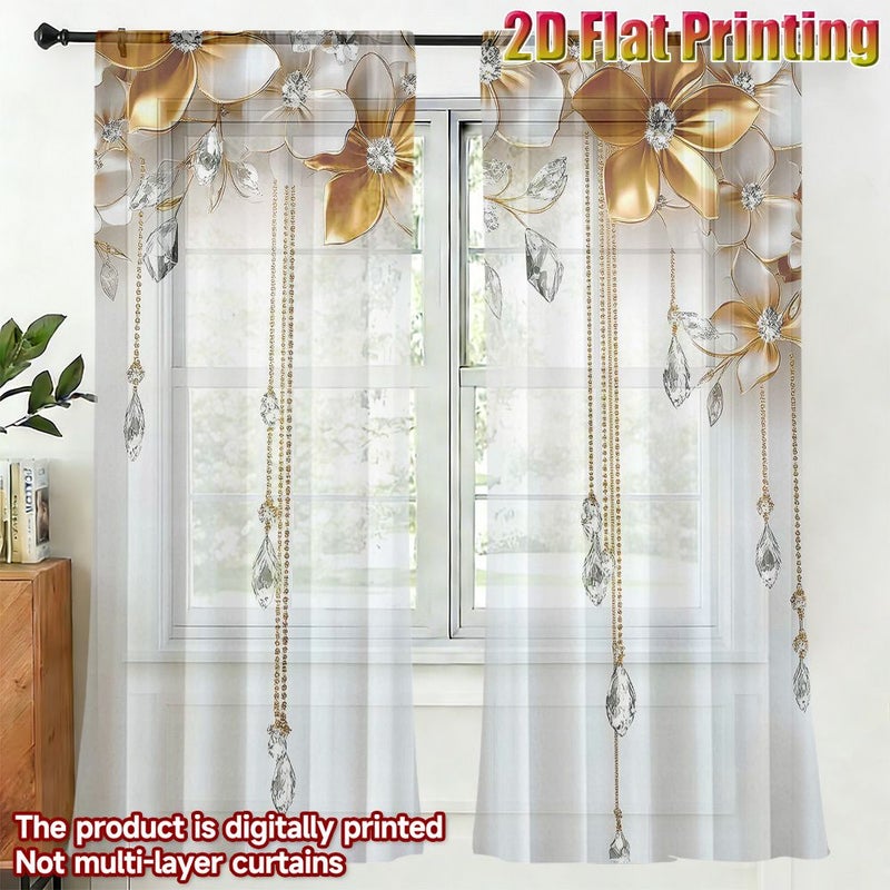 Set Of 2 Flat Printed Curtains With Vibrant Golden Floral Design And Hanging Crystal Embellishments 39 3 X 51 2 Inches Each Perfect For Bedroom Living Room Office And Home Décor Rod Pocket - Image 1