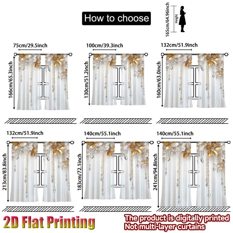 Set Of 2 Flat Printed Curtains With Vibrant Golden Floral Design And Hanging Crystal Embellishments 39 3 X 51 2 Inches Each Perfect For Bedroom Living Room Office And Home Décor Rod Pocket - Image 2