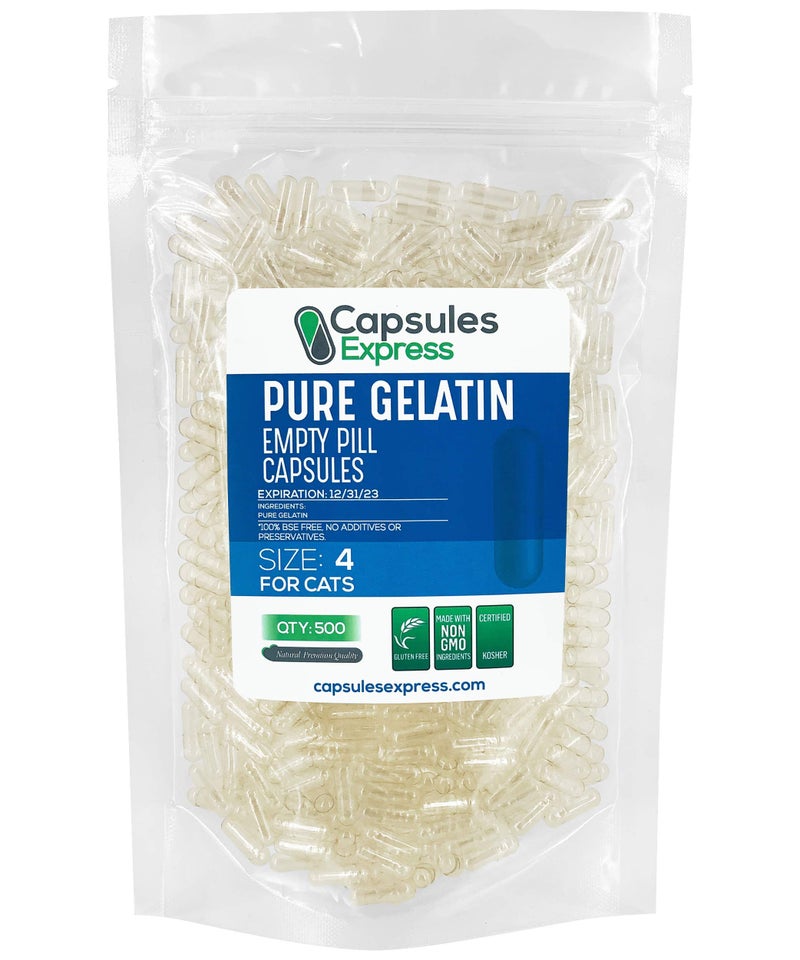 XPRS Nutra Size 4 Empty Capsules for Cats Clear Empty Gelatin Capsules Empty Pill Capsules for DIY Capsule Filling Fillable Pure Bovine Pill Capsules Empty Gel Caps 500 Count
