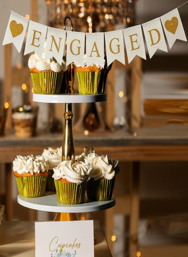 CROWNOS Burlap Engaged Decorations, Prestrung Engaged Banner Sign, White and Gold Engagement Party Decorations - Image 4