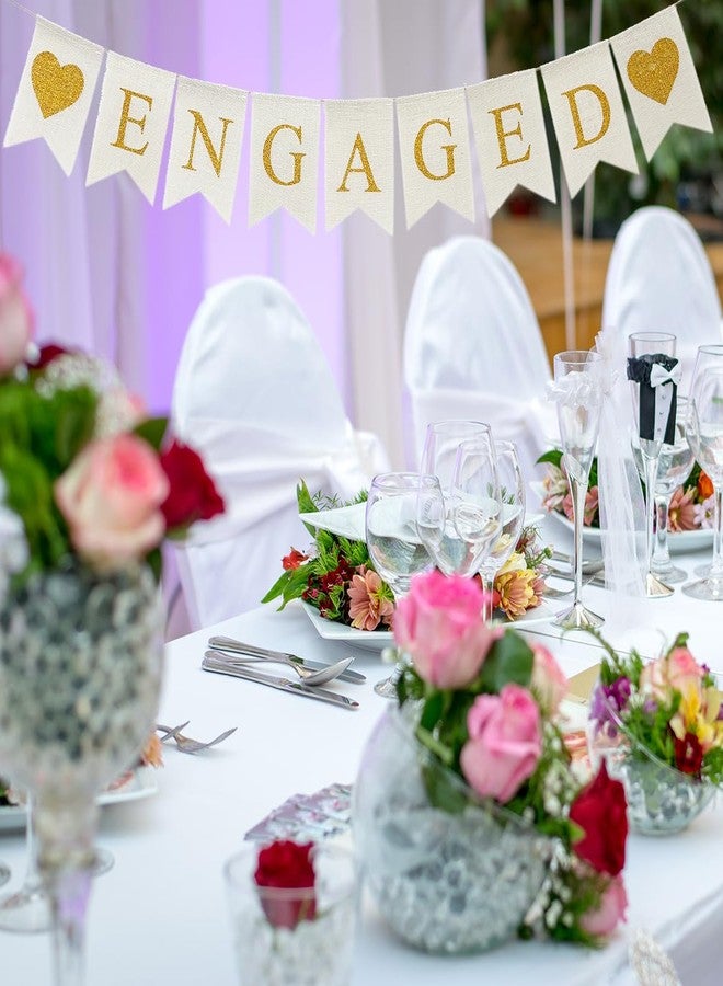 CROWNOS Burlap Engaged Decorations, Prestrung Engaged Banner Sign, White and Gold Engagement Party Decorations - Image 5