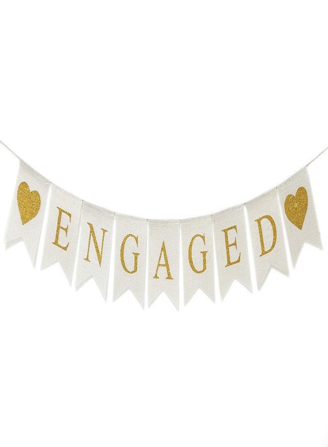 CROWNOS Burlap Engaged Decorations, Prestrung Engaged Banner Sign, White and Gold Engagement Party Decorations - Image 1