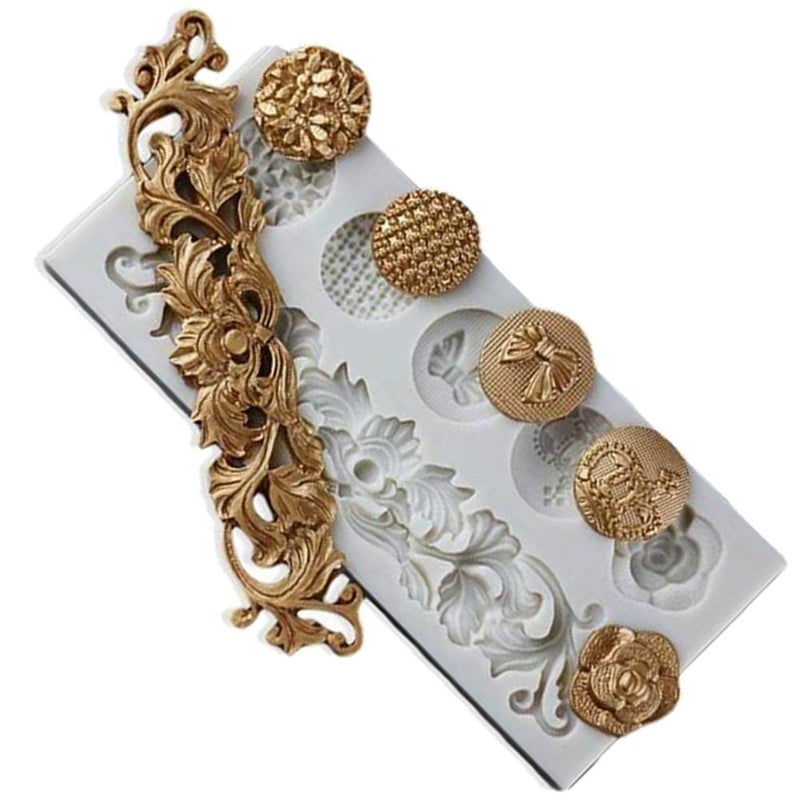 Neepanda DIY Baroque Scroll Relief Cake Border Silicone Molds Baroque Style Curlicues Scroll Lace Fondant Silicone Mold European Frame Cake Decorating Tools Relief Flower Lace Mould MatGrey