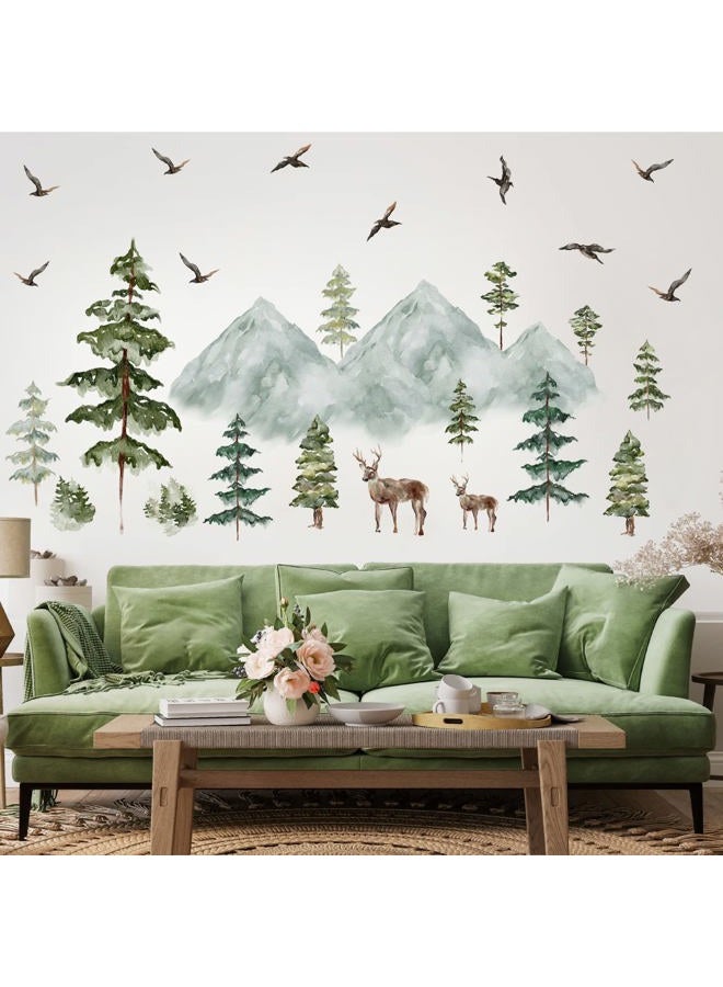 TERSE ملصقات جدارية جبلية ملصقات جدارية لشجرة الصنوبر الكبيرة ملصقات جدارية لأشجار الغابة الغزلان الطيور حيوانات الغابة ملصقات جدارية لأشجار الجبال لغرفة الأطفال ديكور الحضانة - Image 5