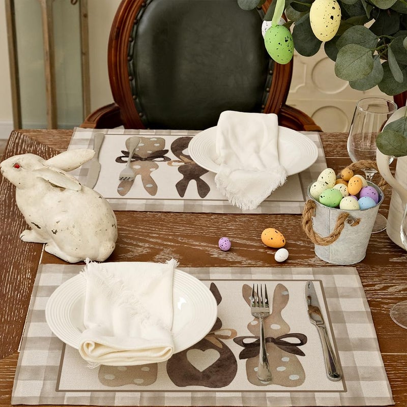 ARKENY Easter Placemats 12x18 Inches Set of 4, Bunny Rabbit Spring Holiday Farmhouse Burlap Buffalo Plaid Indoor Table Mats Decorations for Home - Image 5