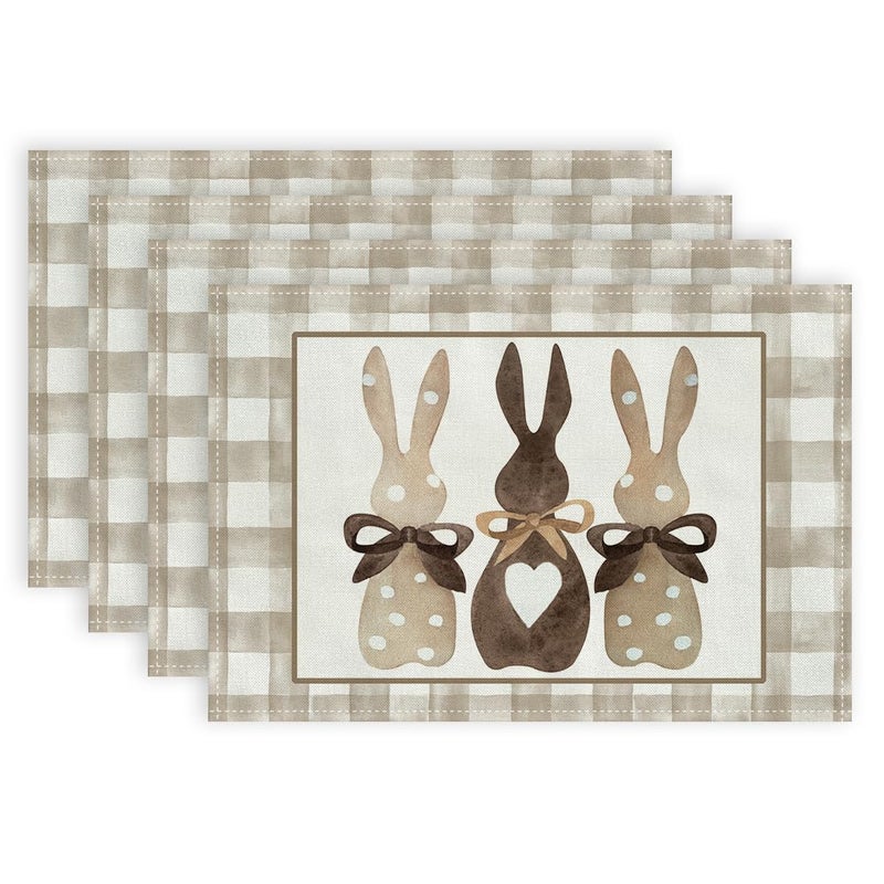 ARKENY Easter Placemats 12x18 Inches Set of 4, Bunny Rabbit Spring Holiday Farmhouse Burlap Buffalo Plaid Indoor Table Mats Decorations for Home - Image 1