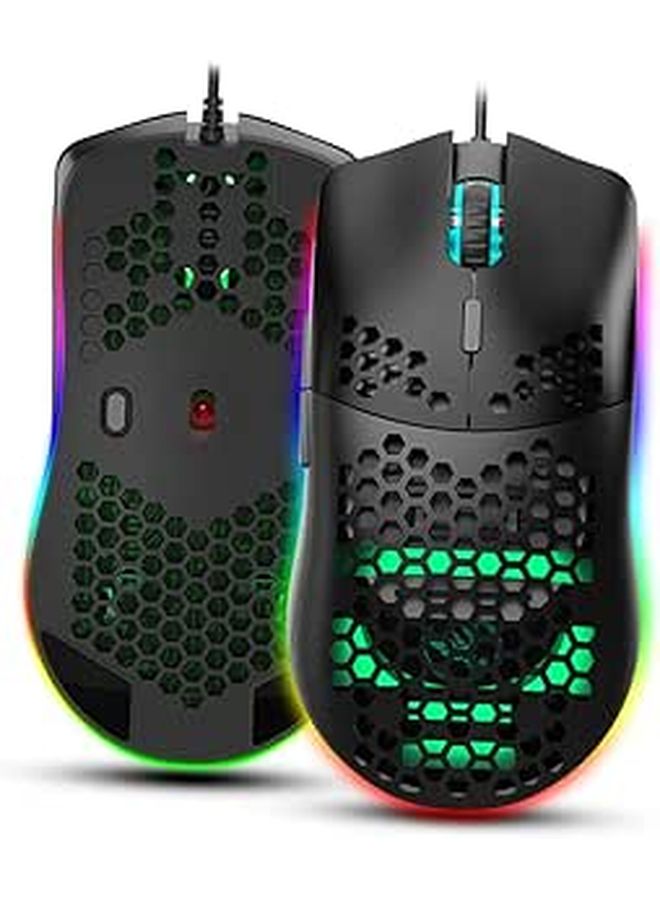 ماوس ألعاب مريح بشكل هيكل خلية النحل، إضاءة RGB قابلة للبرمجة، DPI قابل للتعديل، أسود - Image 1