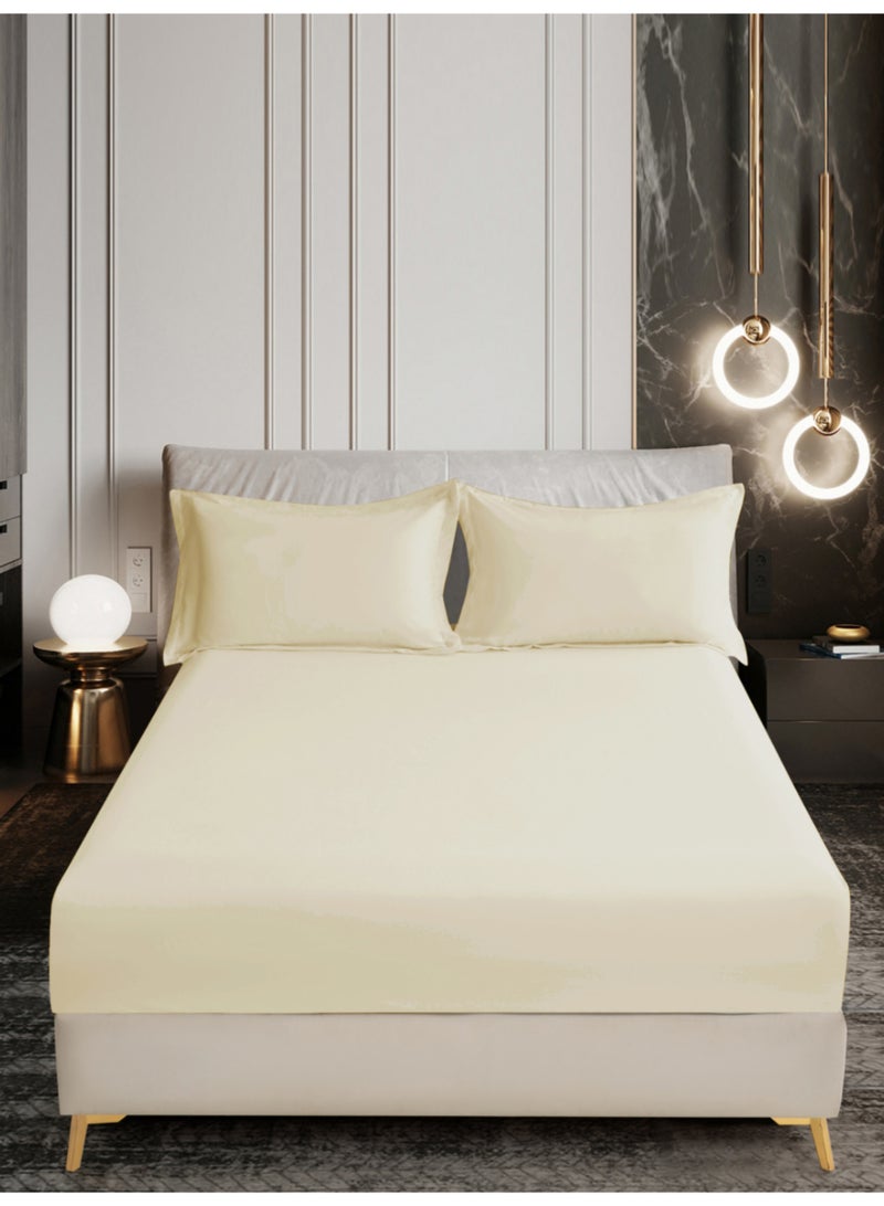 دوناتيلا طقم ملاءة سرير مثبتة سادة مقاس كينج من 3 قطع من دوناتيلا، ملاءة بحواف مرنة وغطاءي وسادة، ملمس ناعم وحريري، عمق الجوانب 35 سم، من ألياف دقيقة ممشطة، جيدة التهوية (طقم شرشف مطاط فندقي) - Image 1