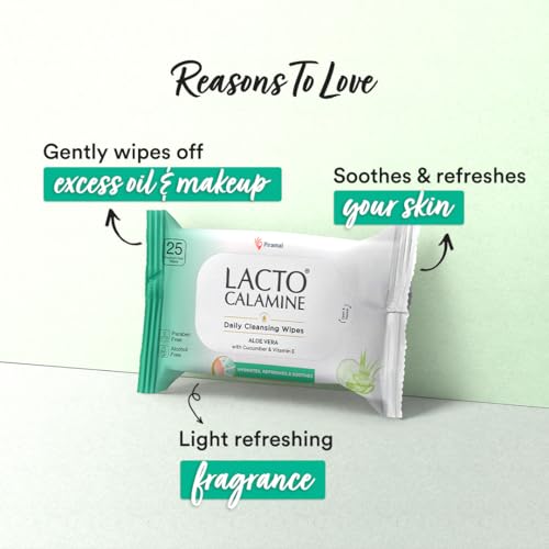 Lacto Calamine مناديل لكتو كالمين اليومية لتنظيف الوجه 25N لكل عبوة - عبوة من 5 | مناديل إزالة المكياج | مناديل مبللة للوجه مع الألوة فيرا، الخيار وفيتامين E | مناديل مبللة للنساء والرجال | خالية من البارابين والكحول - Image 3