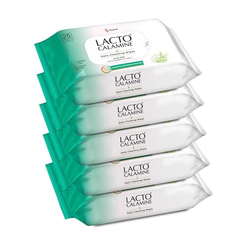 Lacto Calamine مناديل لكتو كالمين اليومية لتنظيف الوجه 25N لكل عبوة - عبوة من 5 | مناديل إزالة المكياج | مناديل مبللة للوجه مع الألوة فيرا، الخيار وفيتامين E | مناديل مبللة للنساء والرجال | خالية من البارابين والكحول - Image 1