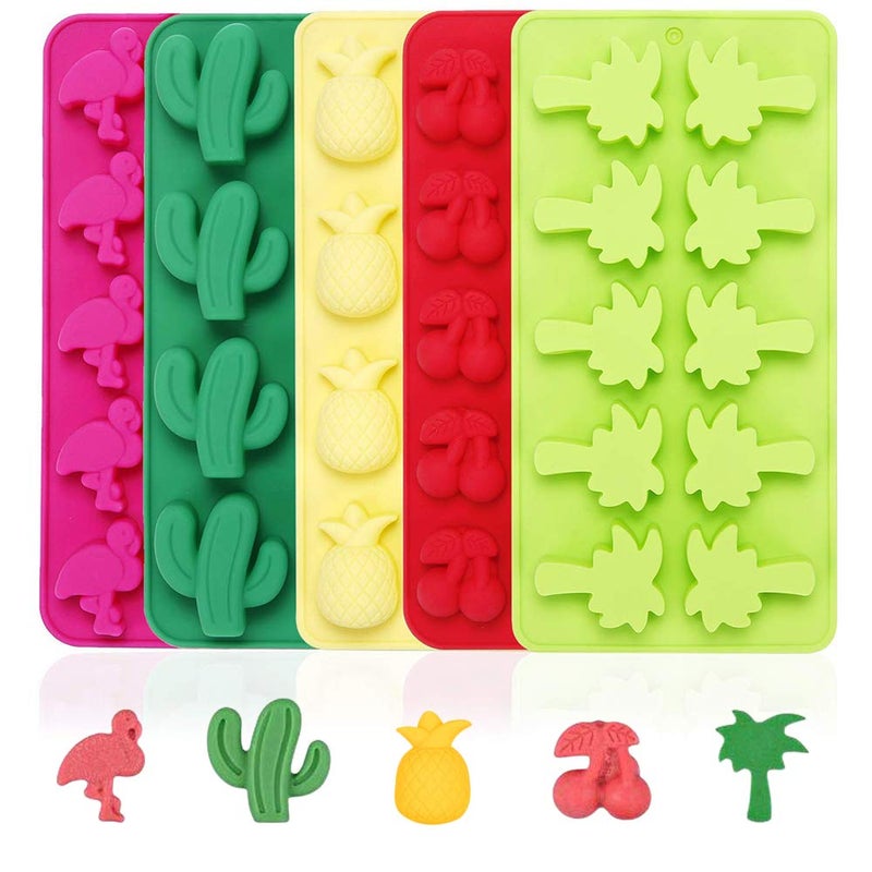 Fewo 5 Pack Hawaiian Tropical Themed Ice Cube Tray Summer Silicone Molds for Chocolate Candy Gummy Fruit Snack Fat Bomb Jello Mini Soap Crayon Melt Cactus Pineapple Flamingo Coconut Tree Cherry