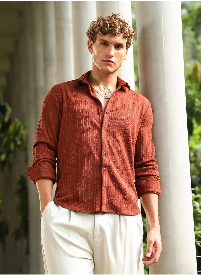 كامبوس سوترا Men's Russet Brown Ribbed-Rope Tactile Shirt For Casual Wear | Spread Collar | Long Cuffed Sleeves | Button Closure | Shirt Crafted With Comfort Fit For Everyday Wear