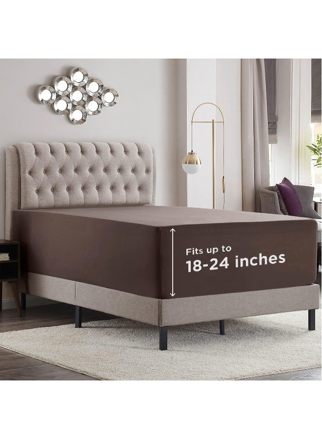 Empyrean Extra Deep Queen Fitted Sheet Only Deep Pocket Fits 18 to 24 Inch, Fitted Sheet Queen Deep Pocket, Soft Microfiber 110 GSM Deep Pocket Queen Fitted Sheet with Corner Straps, Chocolate Brown - Image 1